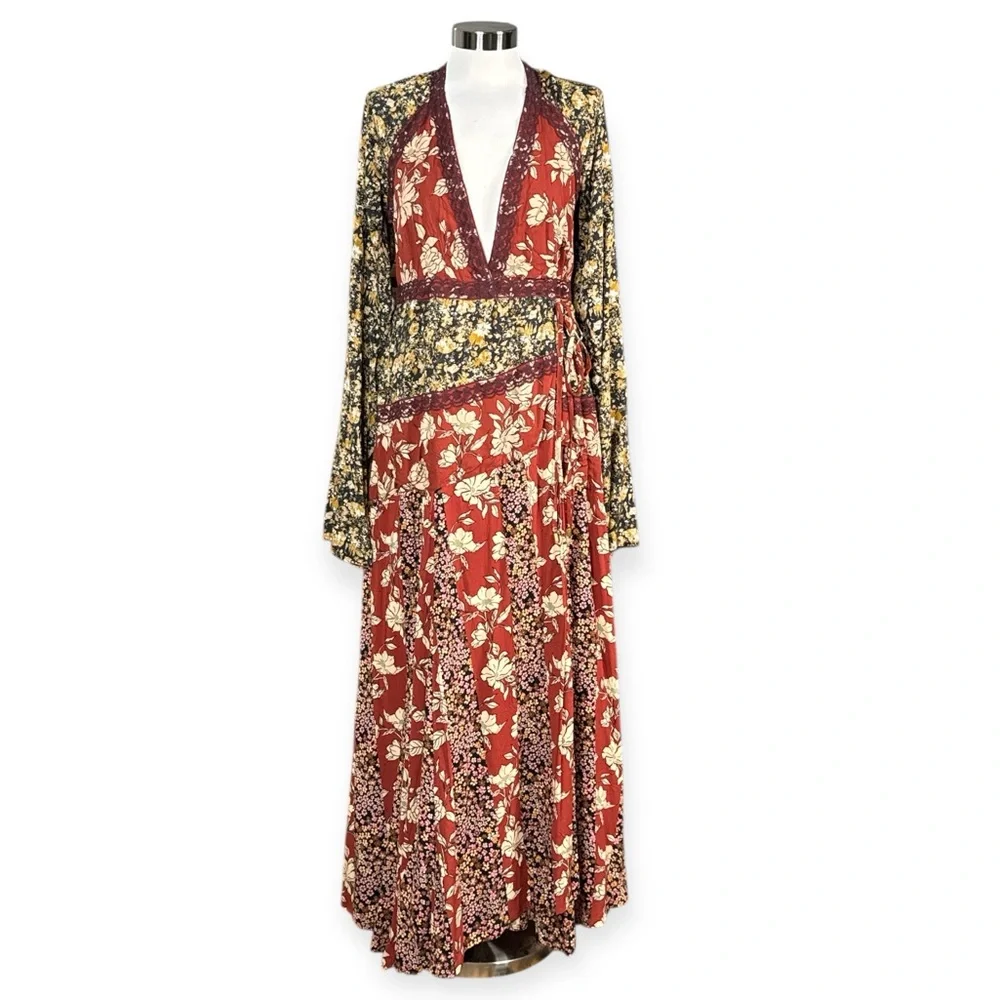 NWT FREE PEOPLE TILDA FLORAL PATCHWORK MAXI DRESS BOHO WRAP BELL SLEEVES SIZE L